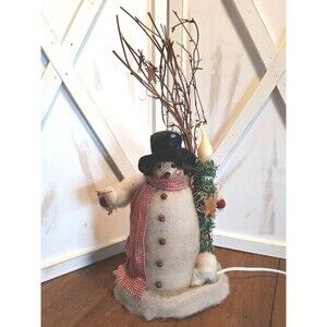 Primitive Snowman Holding Candle Electric Plug 11" but w/Sticks 16" Rusty Bells